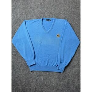 Mens Burberry V Neck Sweater Blue Embroidered Logo, Size L